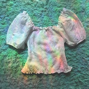 White Puff-Shoulder Ruffle Fitted Top